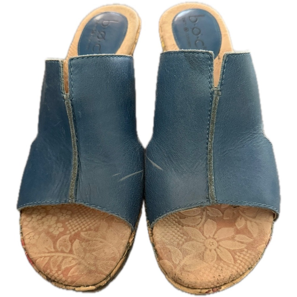 B.O.C. Born Concepts Eddie II Blue Leather Sandals Size 9 /40.5 Floral Cork Heel - Picture 2 of 9